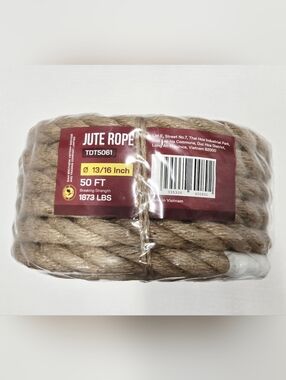 50FT Jute Rope 13/16” Thick Heavy Duty Natural Fiber Rope 1873 LB Strength